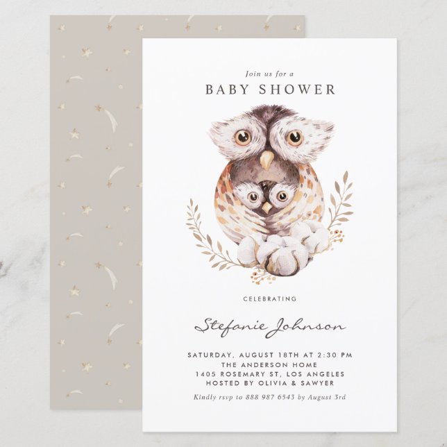 Papier Boho maman et bébé hibou Baby shower Invitation (Devant / Derrière)