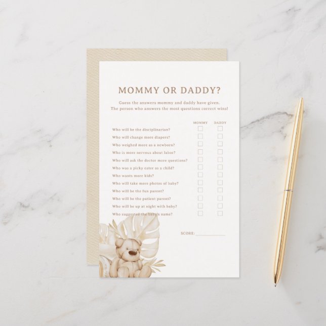 Papier Boho Nursery Chic Baby shower maman ou papa jeu (Devant/Arrière en situation)
