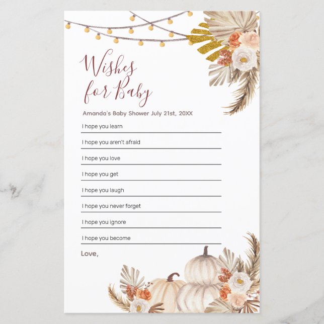 Papier Boho Pampas Citrouille en herbe Voeux pour bébé (Devant)