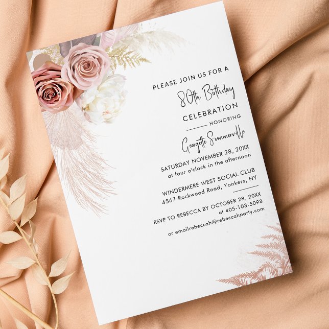 Papier Boho Pampas Grass Floral 80e anniversaire Invitati (Pampas Grass Botanical Terracotta 80th Birthday Party Invitation)