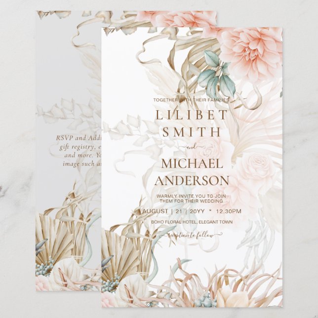 Papier BOHO Pampas Grass Floral Coral Sage Mariage (Devant / Derrière)