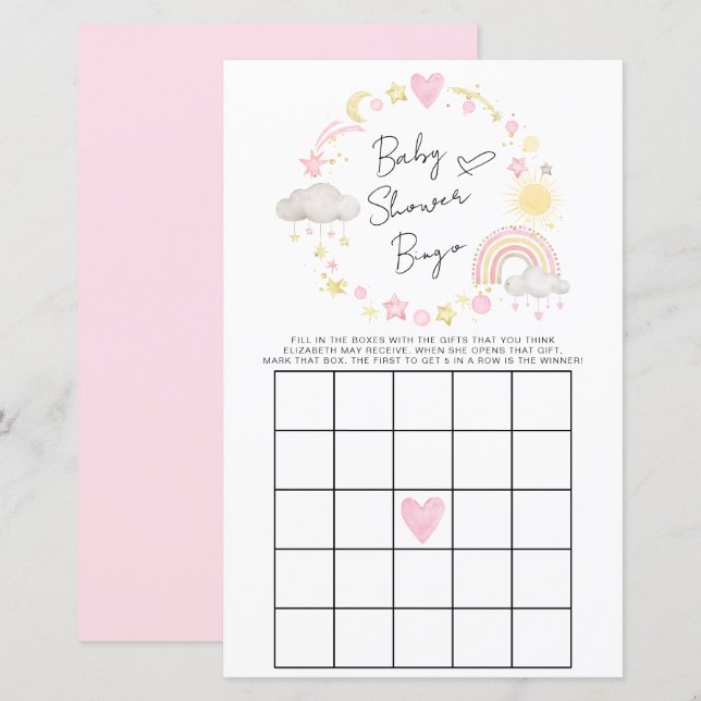 Papier Boho Rainbow Baby Girl Shower Bingo Jeu (Devant / Derrière)