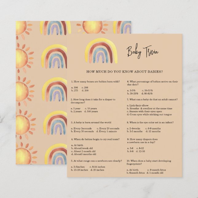 Papier Boho Rainbow Baby Trivia | Jeu Baby shower (Devant / Derrière)
