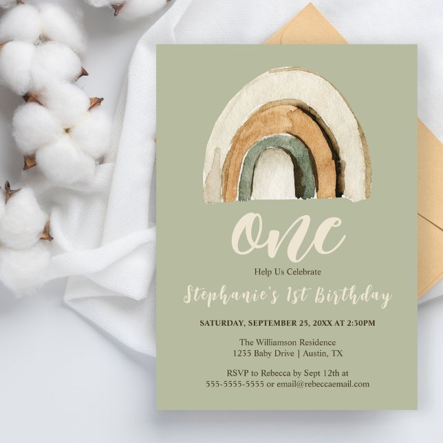 Papier Boho Rainbow Green 1er Anniversaire Budget Invitat (Créateur téléchargé)