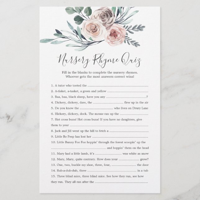 Papier Boho Rose Baby shower Nursery Rhyme Quiz Jeu (Devant)