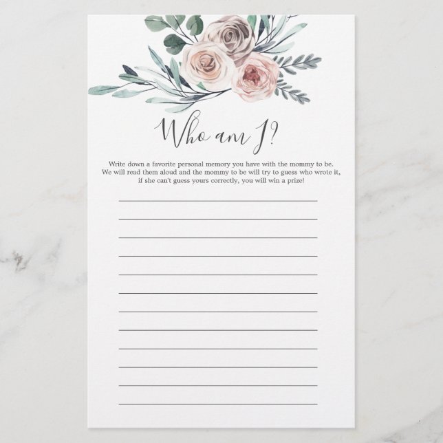 Papier Boho Rose Baby shower Qui Suis-Je Jeu (Devant)