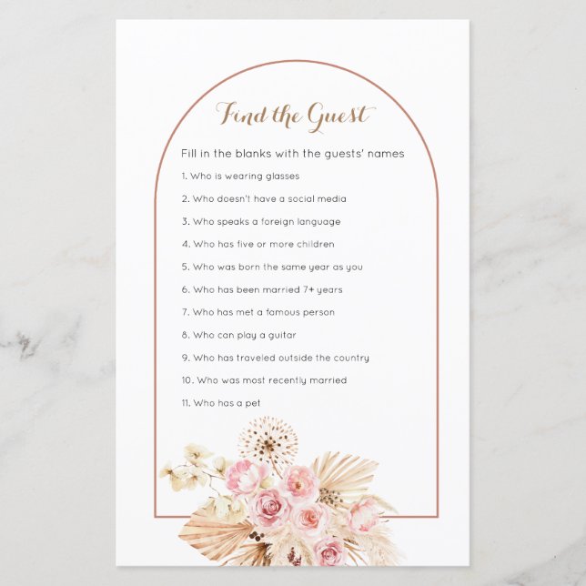 Papier Boho rose floral Pampas Grass Trouvez le jeu Invit (Devant)