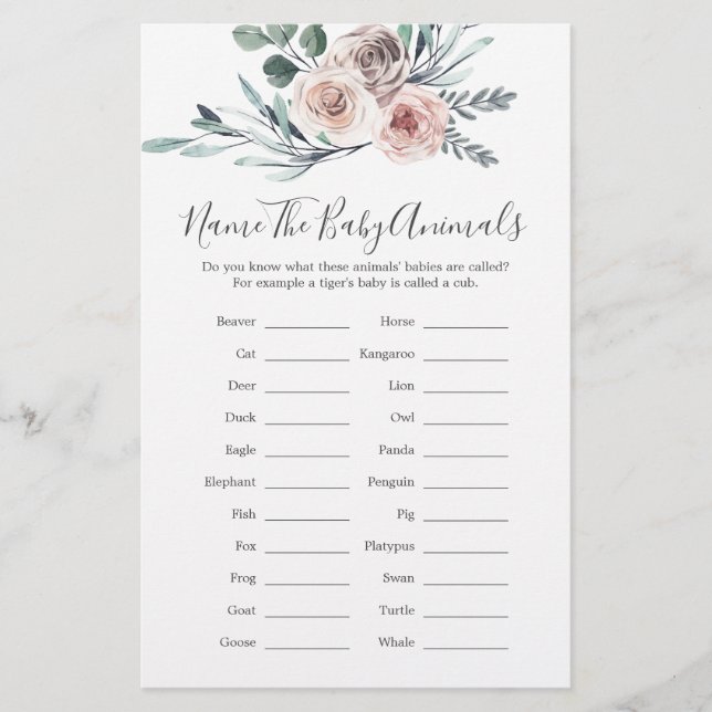 Papier Boho Rose Nom du Baby shower The Baby Animals Jeu (Devant)