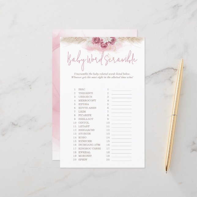 Papier Boho Rose Word Scramble Baby shower Jeu (Devant/Arrière en situation)