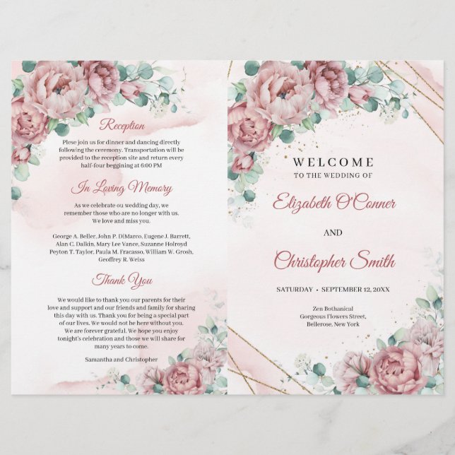 Papier Boho roses rose poussiéreux eucalyptus or plié (Devant)