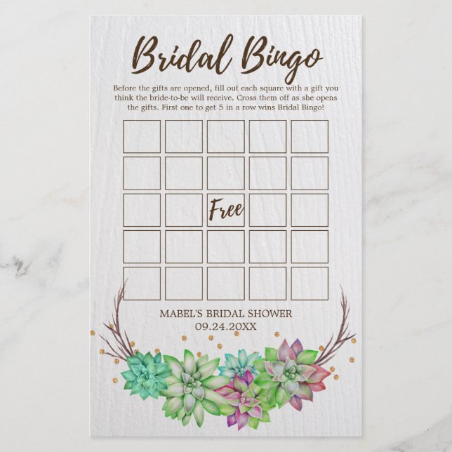 Papier Boho Rustique Floral Succulent Bridal Bingo Jeu (Devant)