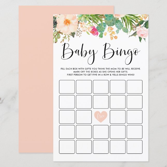 Papier Boho Succulents Baby shower Bingo Game Card (Devant / Derrière)