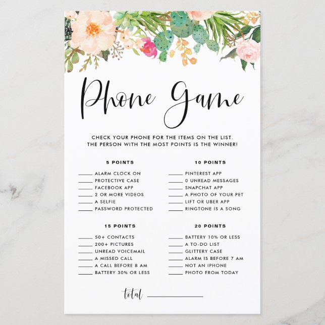 Papier Boho Succulents Floral Baby shower Téléphone Jeu (Devant)