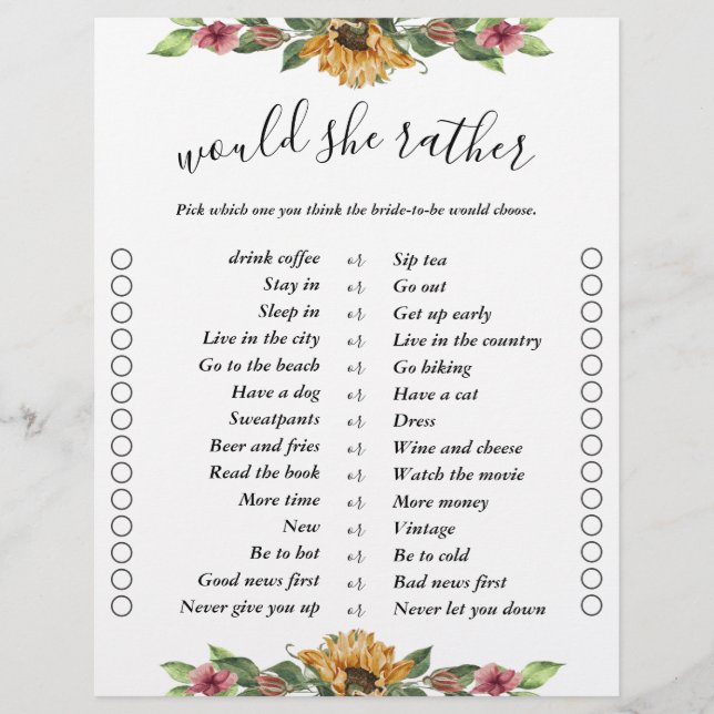 Papier Boho Sunflower Deux côtés Bingo Fêtes des mariées  (Devant)