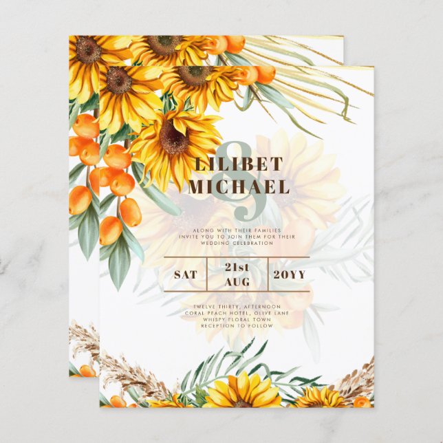 Papier Boho Sunflowers Mariage rustique Inviter Double Cô (Devant / Derrière)
