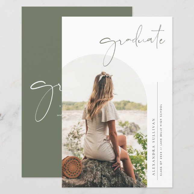 Papier Boho Taupe Green Minimalist Arch Photo Graduation (Devant / Derrière)
