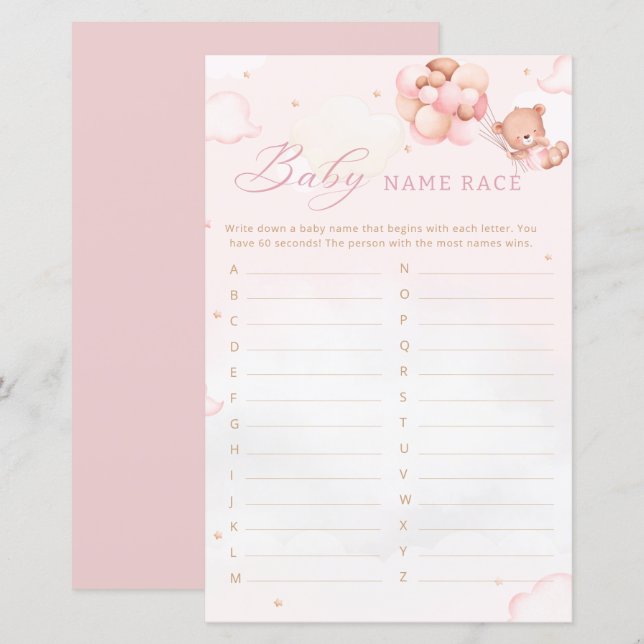 Papier Boho Teddy Bear Baby shower Baby nom race jeu (Devant / Derrière)