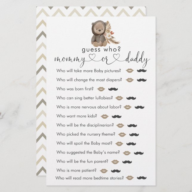 Papier Boho Teddy Bear Baby shower Devinez Qui Joue (Devant / Derrière)