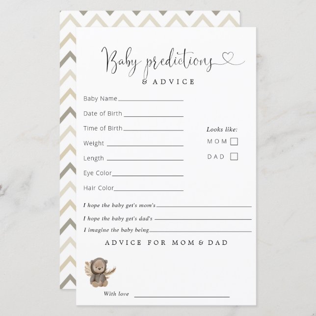 Papier Boho Teddy Bear Baby shower Prédictions Conseils (Devant / Derrière)