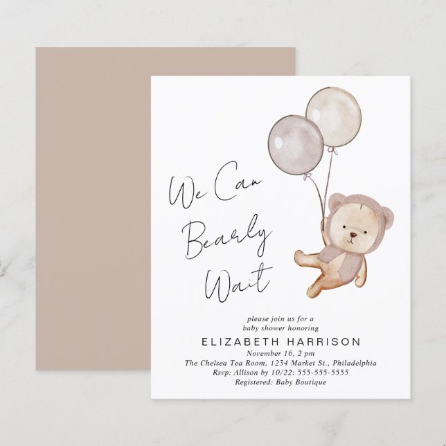 Papier Boho Teddy Bear Balloons Baby shower Invitation (Devant / Derrière)