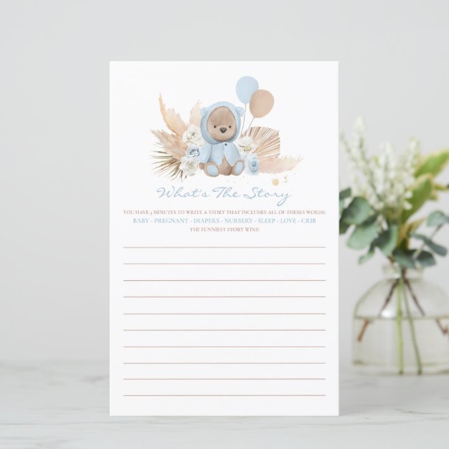 Papier Boho Teddy Bear What's The Story Baby shower Game (Debout devant)