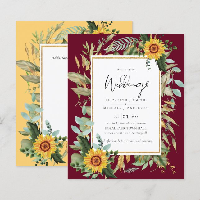 Papier Boho Tournesols verdure Aquarelle BUDGET Mariage (Devant / Derrière)