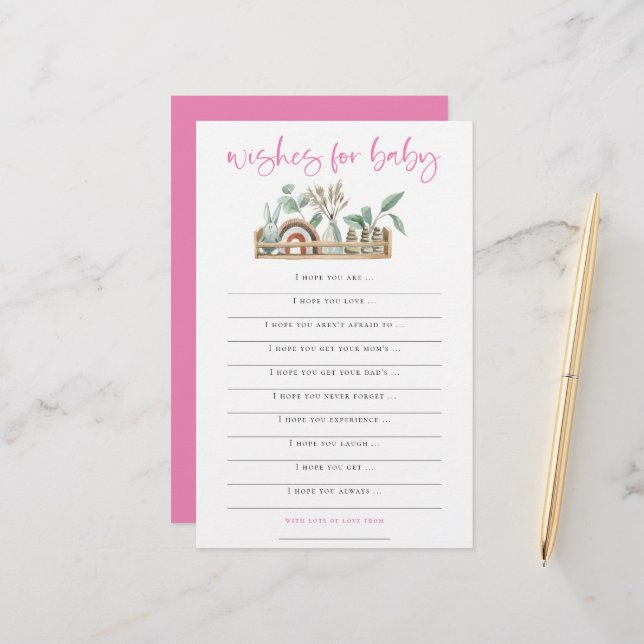 Papier Boho Toys Vœux roses pour jeu de Baby Shower (Devant/Arrière en situation)