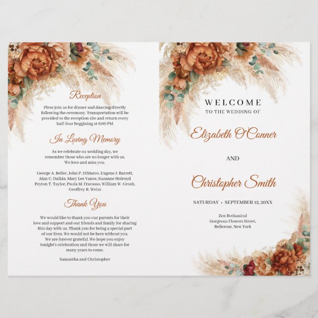 Papier Boho tropical terre cuite cuivre mariage bordeaux (Devant)