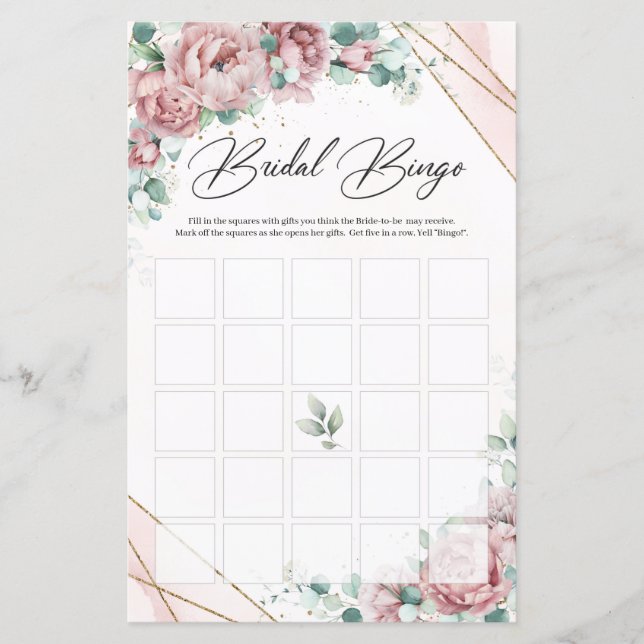 Papier Boho vert floral brun cadre doré bingo nuptiale (Devant)