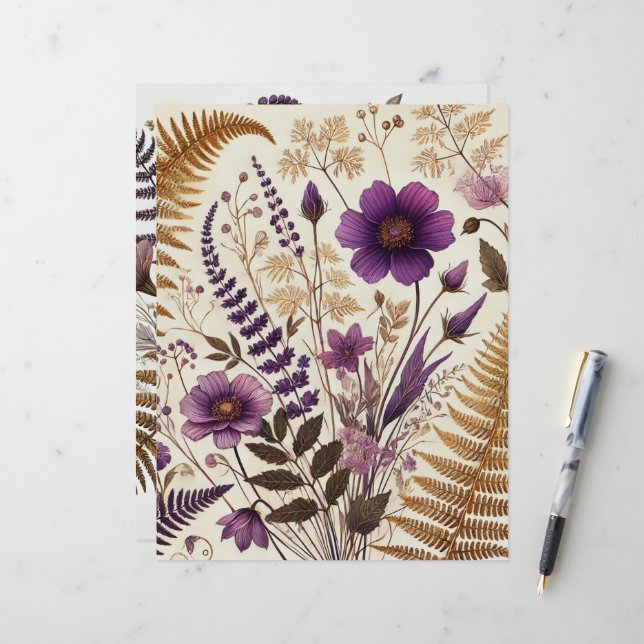 Papier Boho violet et or Fleurs sauvages et ferns scrapbo (Devant/Arrière en situation)