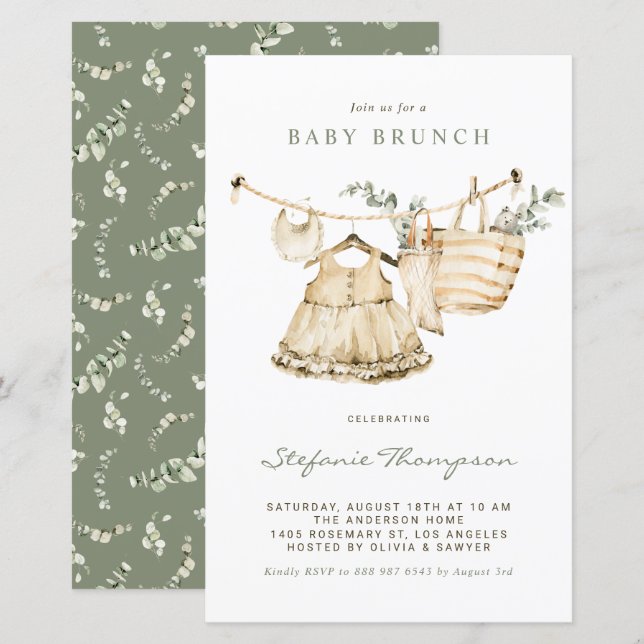 Papier Boho Watercolor Clothesline Baby Brunch Invitation (Devant / Derrière)