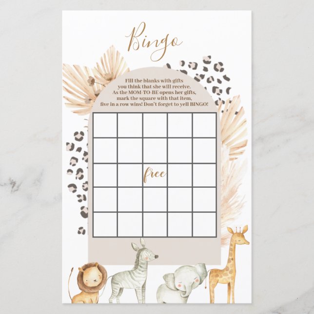 Papier Boho Wild Animaux baby shower Bingo Jeu (Devant)