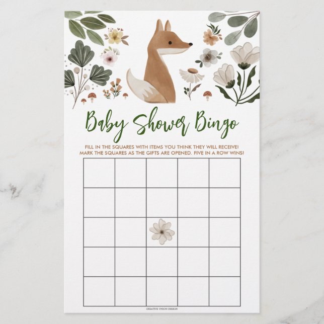 Papier Boho Woodland Fox Fête des mariées Bingo Jeu (Devant)