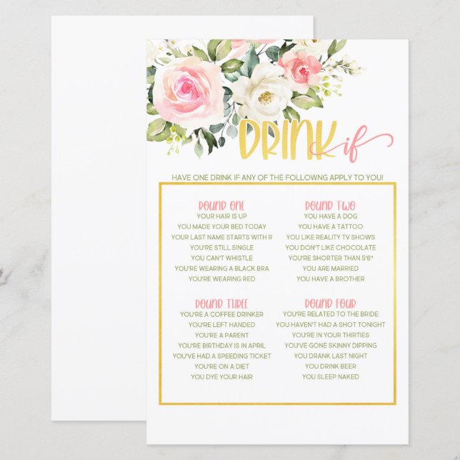 Papier Boire Si Jeu - Rose Floral & Or (Devant / Derrière)