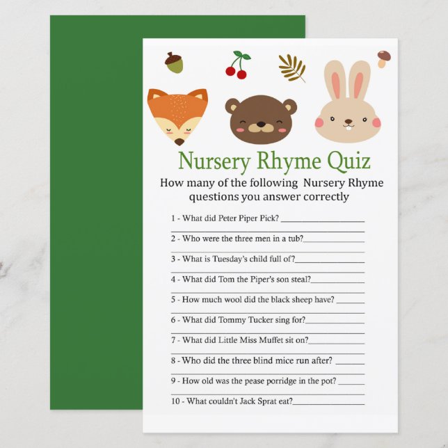 Papier Bois animal Nursery Rhyme Quiz bébé showergame (Devant / Derrière)