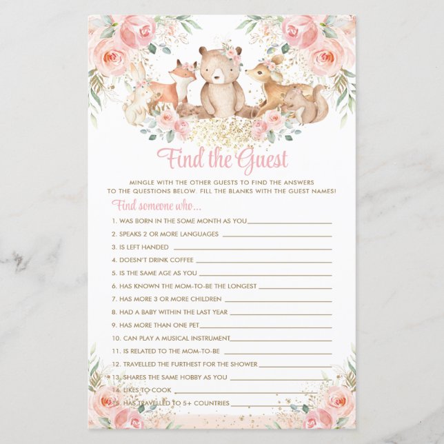 Papier Bois Animaux Blush Floral Trouvez le jeu invité (Devant)