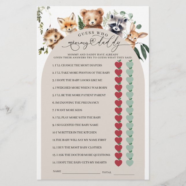 Papier Bois Animaux Maman ou Papa Baby shower Jeu (Devant)