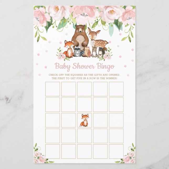 Papier Bois Animaux Pin Floral Baby shower Jeu de Bingo (Devant)