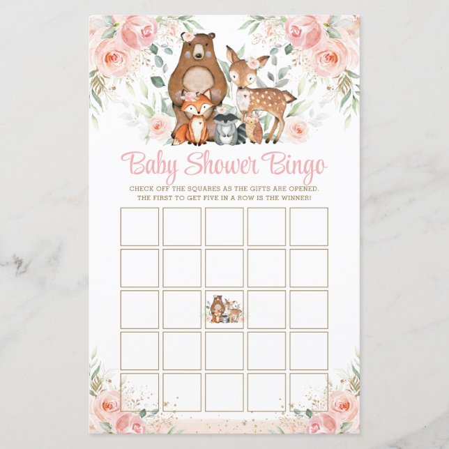 Papier Bois Animaux Roses Roses Rose Baby shower Bingo Je (Devant)