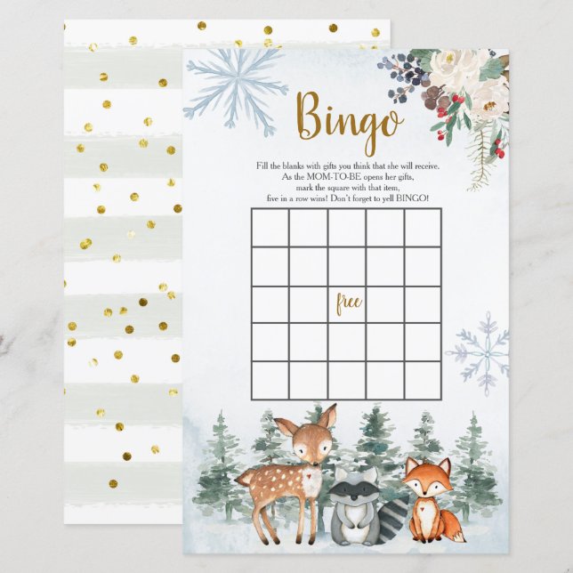 Papier Bois Baby shower d'hiver Forêt Bingo animal (Devant / Derrière)