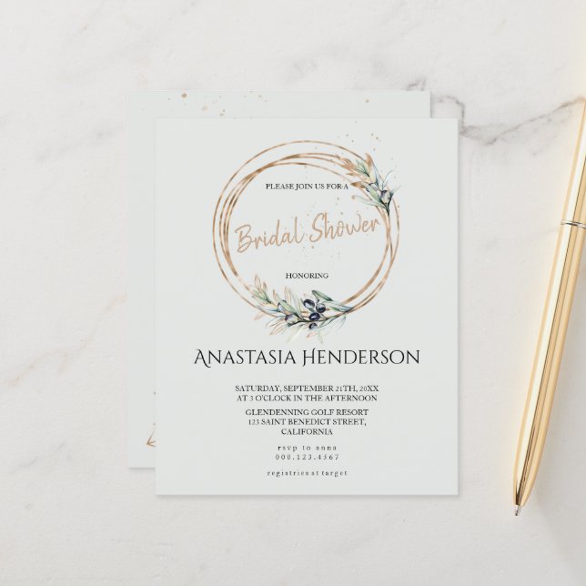 Papier Bois d'olive - Douche nuptiale. Invitation (Devant/Arrière en situation)