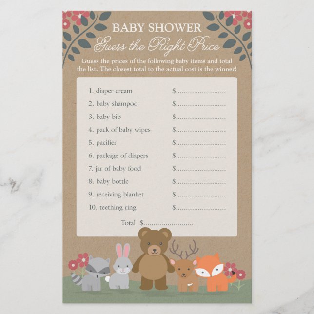Papier Bois Florales Baby shower Devinez juste Prix (Devant)