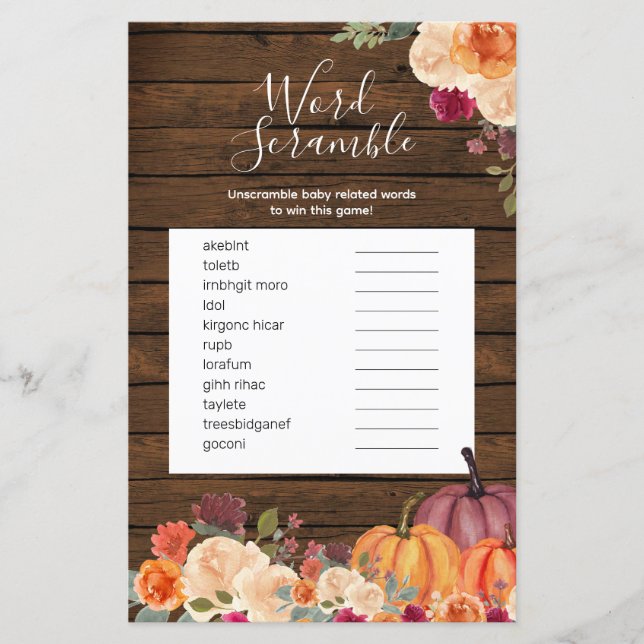 Papier Bois Rustique Citrouille Floral Mot Scramble Jeu (Devant)