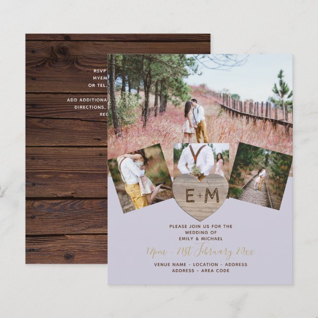 Papier Bois rustique gravé Coeur PHOTO COLLAGE Invitati (Devant / Derrière)