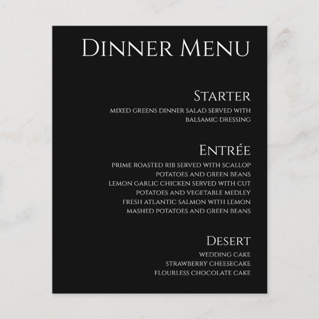 Papier Boisson mariage et dîner Menu-noir et blanc- (Devant)