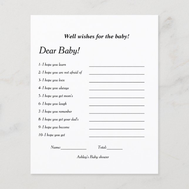 Papier Bon voeux pour le jeu de Baby shower bébé (Devant)