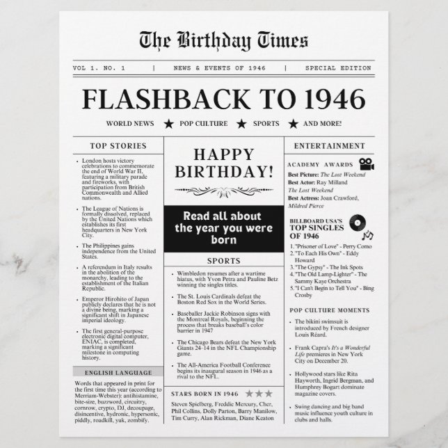 Papier Born in 1946 Fun Newspaper black and white (Devant)