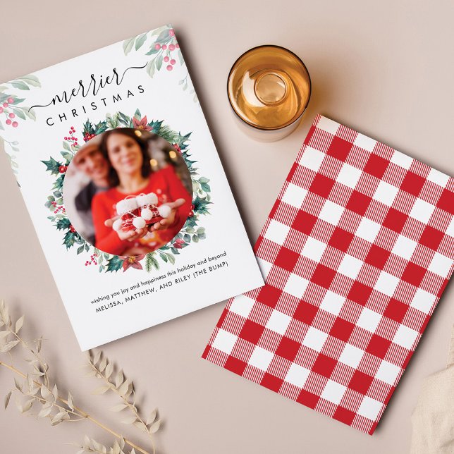 Papier Botanique Noël Photo Faire-part de grossesse (Plaid Red Green Pregnancy Announcement Botanical Photo  Script Card)