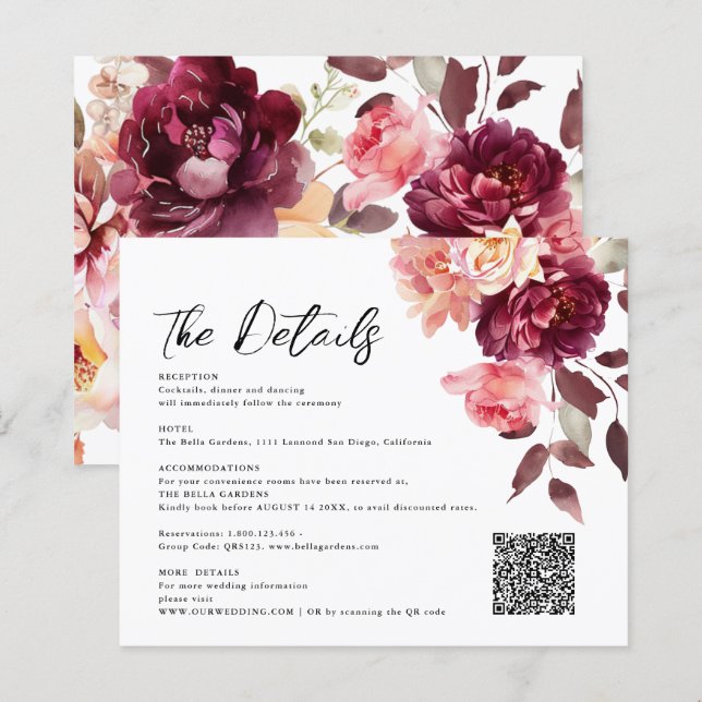 Papier Bouquet Floral Bourgogne QR code Détails Mariage (Devant / Derrière)