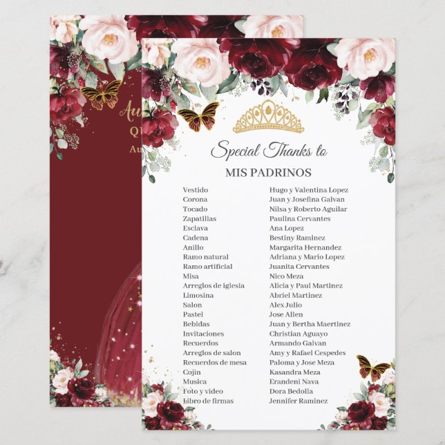 Papier Bourgogne Blush Floral Mis Padrinos Quinceañera (Devant / Derrière)